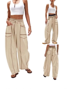 Women's wide leg cargo pants with drawstring waist and contrast stitching detail