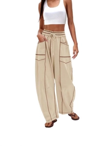 Women's khaki wide leg casual trousers with drawstring waist and contrast stitching