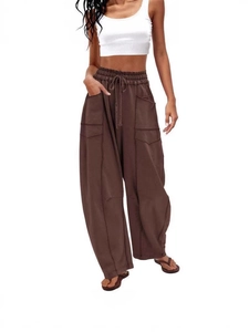 Women's brown loose wide leg trousers with high elastic drawstring waist and side cargo pockets