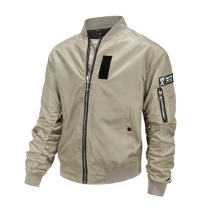 Detail of bomber jacket sleeve featuring functional zipper pocket and decorative ribbon