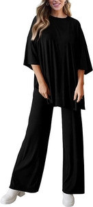 Detail von schwarzem Kurzarm-Oberteil und High Waist weiter Hose im lässigen Zweiteiler