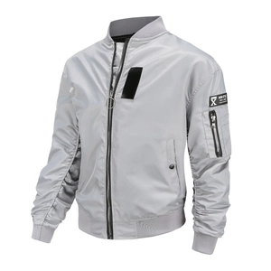 Men's light gray MA1 bomber jacket with ruched sleeves and functional arm pocket