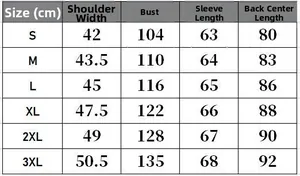 Size chart for winter hooded jacket with measurements from S to 3XL in centimeters