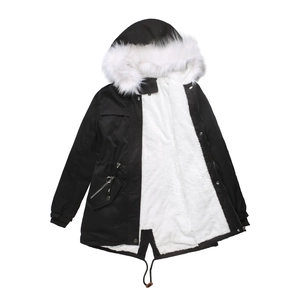Parka pour femme noire avec doublure en fausse fourrure blanche et bord de capuche