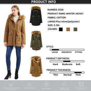 Detailed chart of women winter hooded parka with faux fur collar and fleece lining