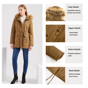 Detailing the khaki hooded parka with lush fur collar, drawstring waist, and metal hardware