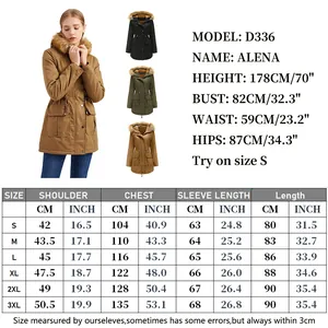 Size guide for women winter hooded parka with fur collar showing measurements S-3XL