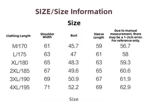 Size chart for MA1 flight jacket showing length, shoulder, chest, and sleeve measurements