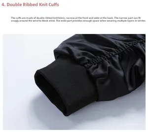 Detail of windproof double ribbed knit cuff on a black bomber jacket with space design