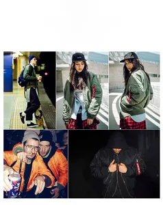 Detail view of military green bomber jacket featuring iconic red zipper flight tag on arm