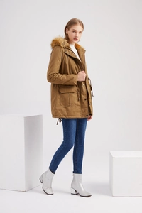 Detail of khaki hooded parka coat featuring thick faux fur collar and drawstring waist