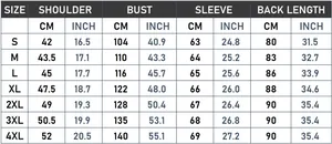 Tableau des tailles détaillé pour parka d'hiver incluant les mesures S à 4XL en CM et pouces