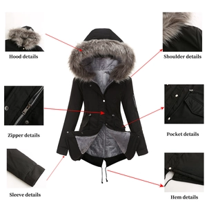Detailed close-up of women's black parka showing fur hood, zipper, and fishtail hem