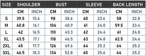 Detailed size chart for women casual jacket featuring measurements from S to 3XL in CM and INCH