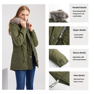 Détails de la parka d'hiver avec capuche en fausse fourrure, zip en métal et doublure