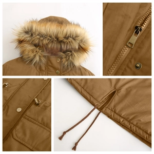 Detail view of winter parka featuring faux fur collar, metal zipper and adjustable drawstring