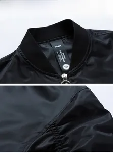 Close-up of bomber jacket ribbed collar, metal ring zipper, and detailed fabric texture