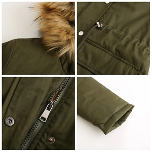 Detail view of winter parka featuring plush brown faux fur collar and durable metal hardware