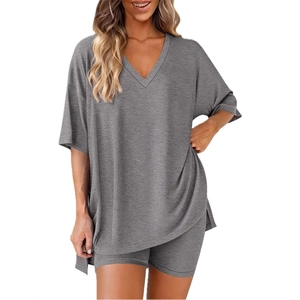 Women's Casual Polyester V-Neck Oversized T-Shirt And Biker Shorts Top And Bottom Summer Solid Loungewear Loungewear Home Wear