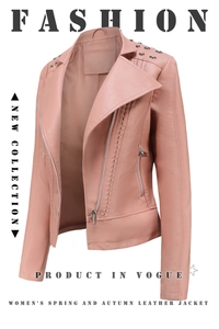 Detailed view of pink faux leather biker jacket with silver rivets and asymmetric zipper