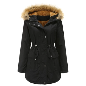 Women's black winter parka with faux fur hood and warm fleece lining