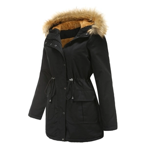 Detail of winter parka with faux fur hood, plush lining, and adjustable drawstring waist