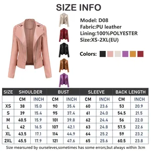 Detailed size chart for D08 women leather motorcycle jacket showing various dimensions