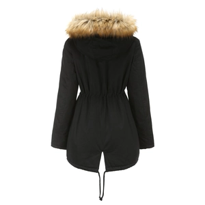 Back view of a black winter hooded parka featuring a faux fur collar and drawstring waist