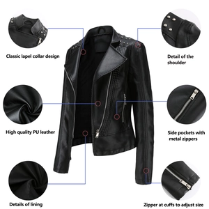 Detailed views of women's black PU leather biker jacket with silver rivets and zippers