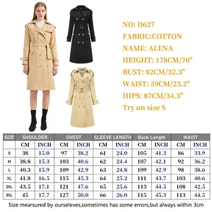 Guide des tailles pour trench-coat long en coton pour femmes avec mesures de S à 3XL