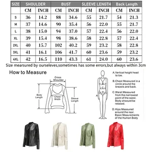 Size chart for women's PU leather jacket showing shoulder, bust and sleeve in CM and INCH