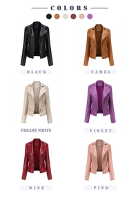 Color options for women's slim-fit motorcycle jacket with studs and zip details