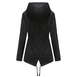 Women's black hooded raincoat with drawstring waist and fishtail hem back view
