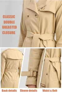 Détails d'un trench-coat croisé kaki avec ceinture ajustable et boucles de manchettes