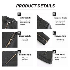 Detailed views of the stand collar, metal zippers, and shoulder stitching on the navy PU jacket