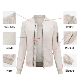 Women's beige bomber jacket with detailed views of stitching and ribbed trim