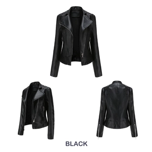 Multiple views of black PU biker jacket with metallic studs and side zipper detail