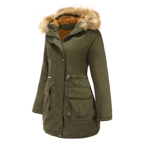 Detail of army green winter parka featuring a plush faux fur hood and warm fleece lining