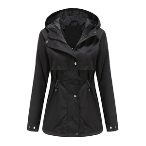 Women's black hooded waterproof raincoat with drawstring waist and metal buttons
