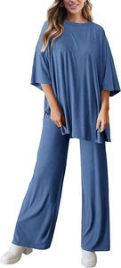 Detailaufnahme von Damen-Kurzarm-Oberteil und High-Waist-Hose mit weitem Bein Lounge-Set