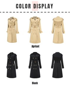 Vue détaillée des trench-coats croisés en coton en abricot et noir avec ceinture à la taille