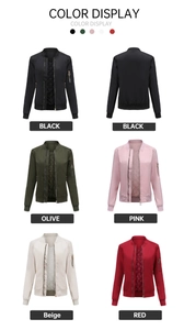 Color display of women's bomber jackets in black, olive, pink, beige, and red colors
