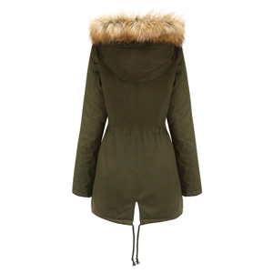 Detail view of winter parka back showing faux fur hood, waist drawstring and fishtail hem