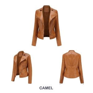 Detailed views of camel faux leather biker jacket with rivets and zipper hardware