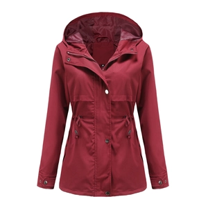 Women's mid-length wine red hooded rain jacket with adjustable drawstring waist