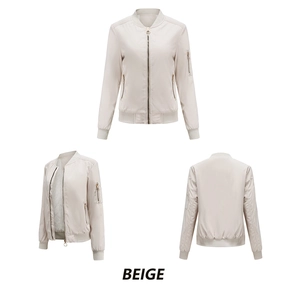 Detailed views of a beige women's lightweight bomber jacket with ribbed collar and zip pockets