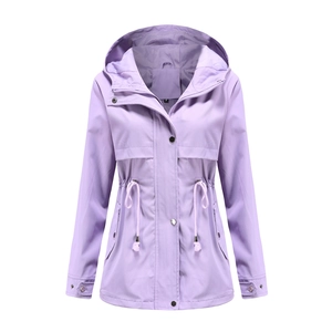 Long hooded light purple raincoat jacket with adjustable drawstring waist for women