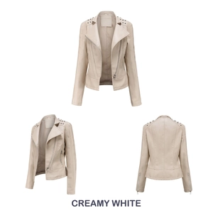 Three views of cream white faux leather biker jacket with silver studs and lapel collar
