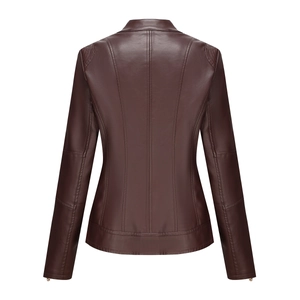 Detail view of the back of a slim-fit dark brown faux leather jacket with quilting