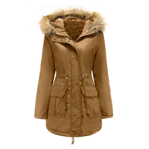 Close-up of winter parka featuring plush faux fur hood and warm fleece lining details